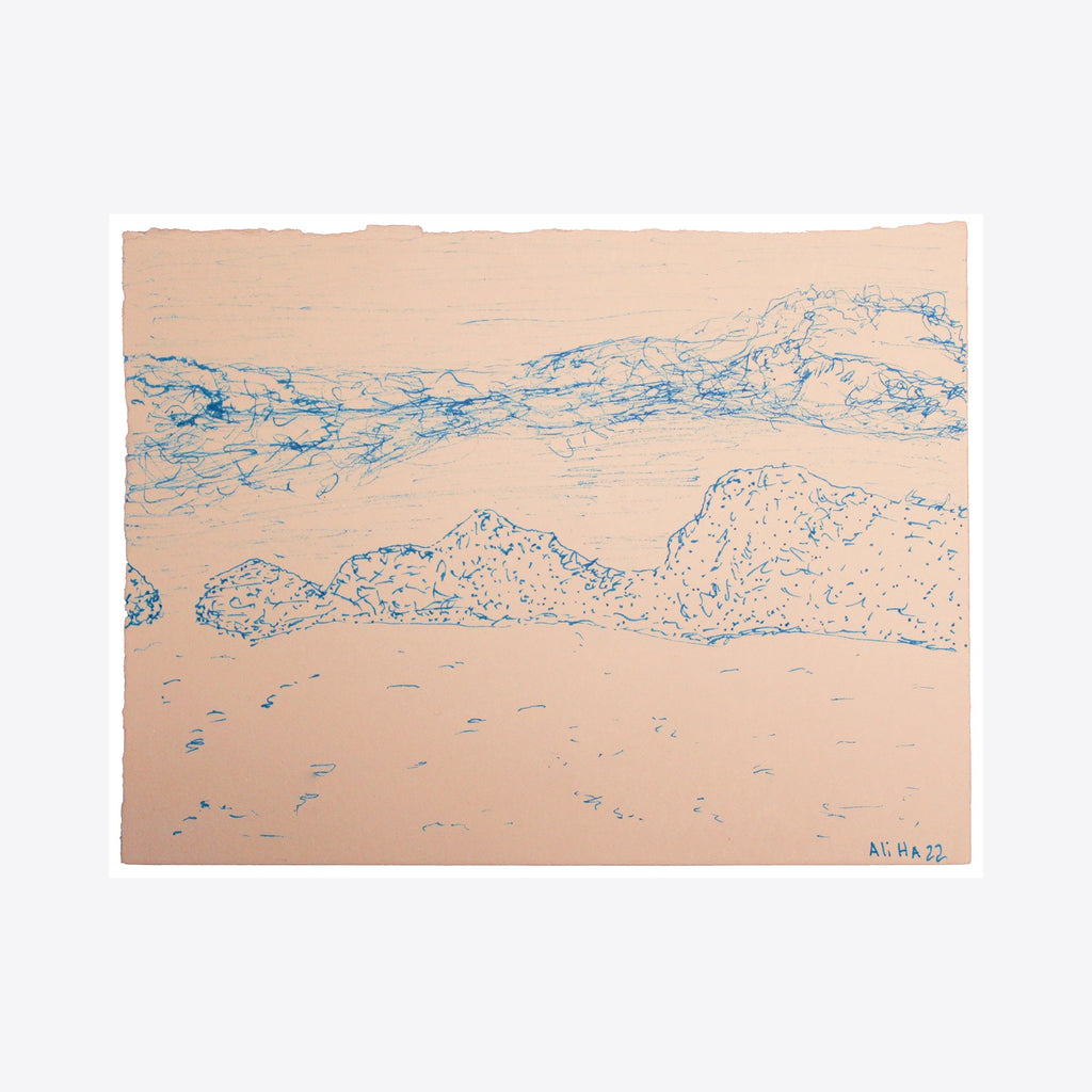The artwork 'Drake Passage' by Ali Ha features delicate blue ink lines depicting ocean waves and mountainous landscapes on warm white paper. Abstract shapes flow across the composition, creating a minimalist seascape with textured details rendered in Micron Archival Ink and Caran d'Ache. By Ali Ha.