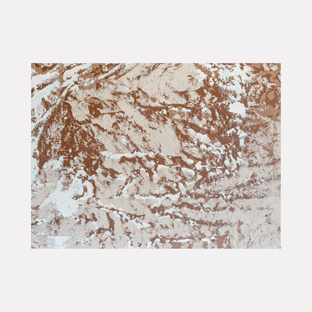 The artwork 'Elemental1' by Cole Douglas features an abstract composition of textured copper and ivory tones, creating a marbled effect across the canvas. Dynamic brushstrokes and organic patterns suggest natural geological formations, with metallic rust hues contrasting against creamy white spaces in this 36x48 inch acrylic painting.