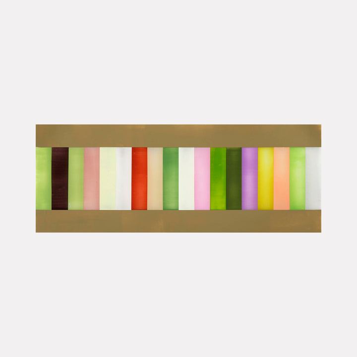 The artwork 'Each of the colors of spring cocooned by all of the colors of spring' by Debra Ramsay features vertical stripes in pastel and vibrant spring hues including lime green, soft pink, coral, lavender, and yellow, framed by bronze horizontal bands, created with acrylic on polyester resin film. This minimalist geometric composition captures the essence of springtime colors.