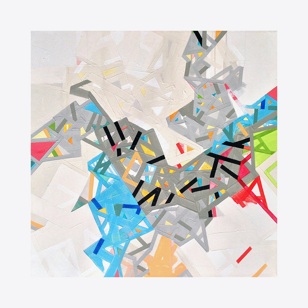 The artwork 'Eassrri' by Philippe Halaburda features an abstract geometric composition with dynamic triangular shapes in vibrant blue, red, and lime green against a cream background. Black tape lines intersect the colored forms, creating sharp angular patterns. The acrylic painting combines bold colors with precise geometric elements on a 24x24 inch canvas by Philippe Halaburda.
