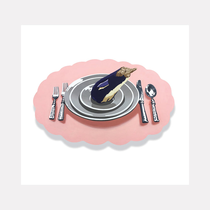 The artwork (Eating Animals) Eggplant Penguin, by Lori Larusso