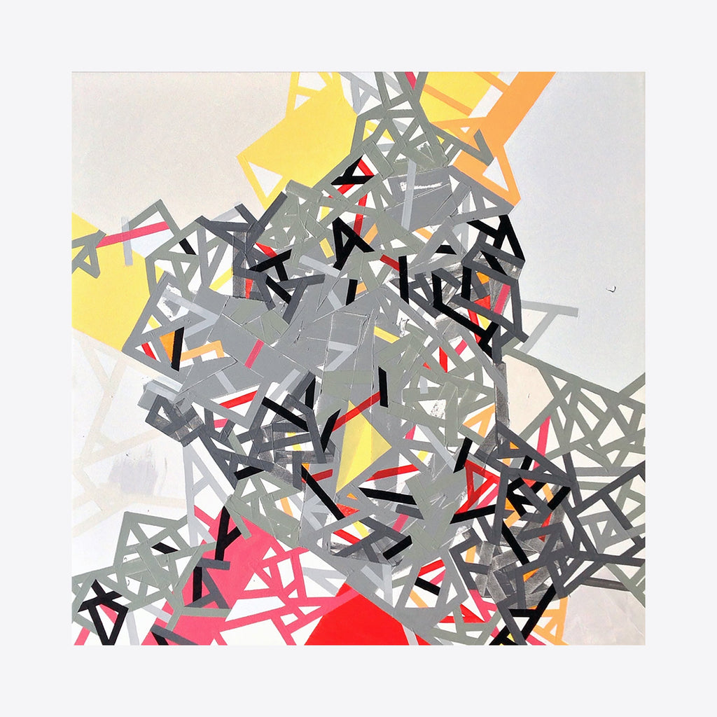 The artwork 'Elluum Tonall' by Philippe Halaburda features an abstract geometric composition with intersecting angular lines and shapes in gray, black, red, and yellow. The dynamic pattern creates a sense of movement through fragmented forms and sharp contrasts, showcasing a contemporary approach to geometric abstraction using acrylic and tape on canvas.