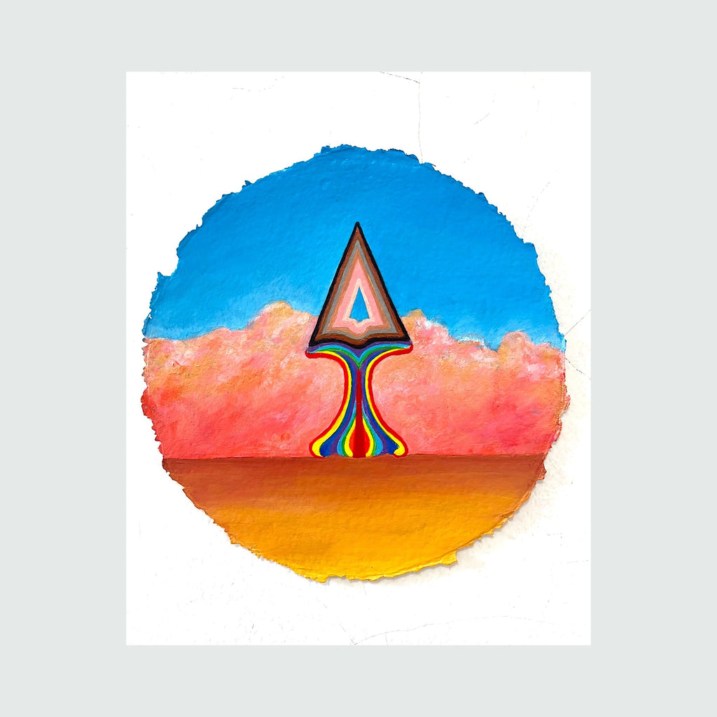 The artwork 'Emergence' by Jacki Davis features a striking geometric arrow shape in vibrant rainbow colors against a circular backdrop. The composition shows a bright blue sky, coral pink clouds, and golden orange ground, creating a surreal desert landscape. The hand-embellished giclee print showcases bold contrasts and whimsical design elements.