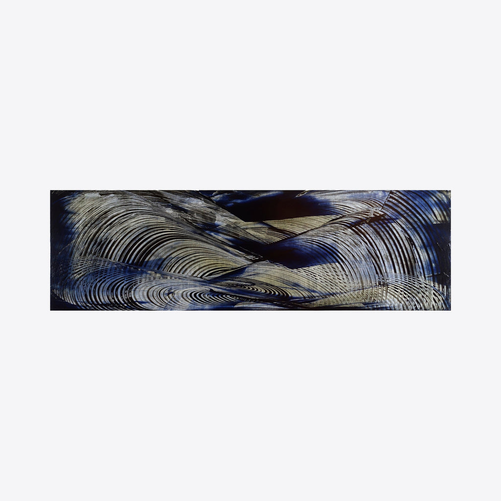 The artwork 'Eminence Front' by John Cox features sweeping metallic curves creating dynamic wave-like patterns against a deep navy background. The acrylic painting showcases fluid, rhythmic brushstrokes in silver and white, interweaving across the horizontal canvas. The contemporary abstract composition suggests movement and fluidity, with concentric lines forming an elegant crosshatch pattern. By John Cox.