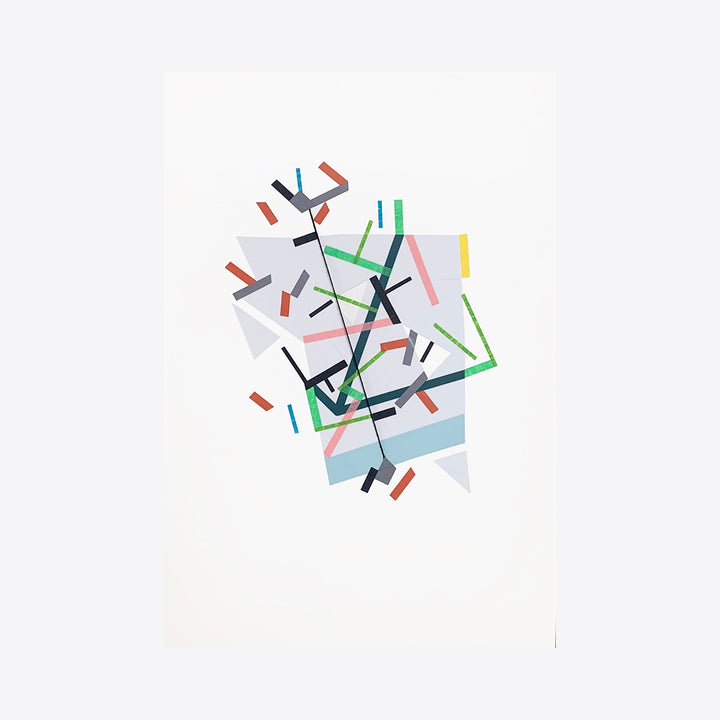 The artwork 'Eoolii-ggemn paths 11' by Philippe Halaburda features an abstract geometric composition with intersecting linear elements in vibrant coral, mint green, black, and pale blue. Strips of tape create dynamic angular patterns against white paper, forming a modernist collage-style arrangement. The minimal color palette and precise placement suggest urban mapping or deconstructed pathways.