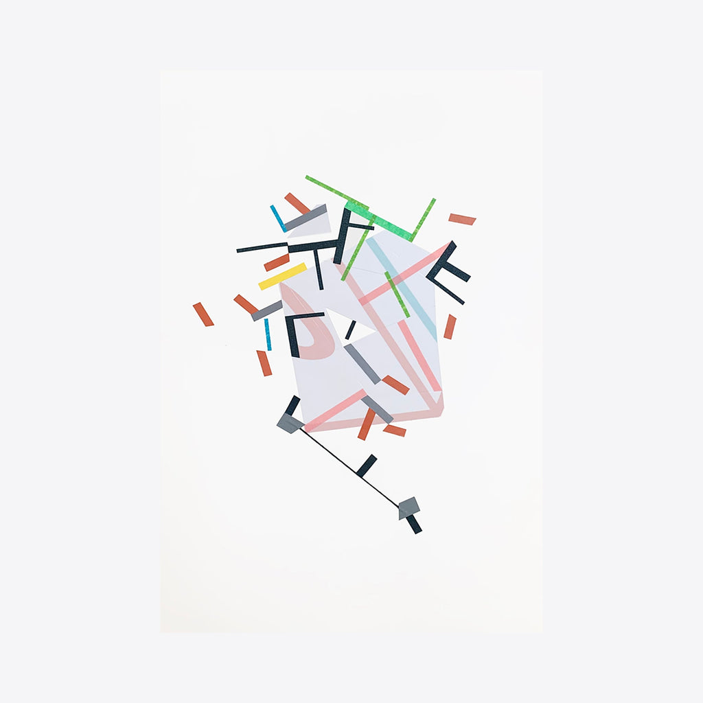 The artwork 'Eoolii-ggemn paths 13' by Philippe Halaburda features abstract geometric composition with intersecting lines and rectangles in vibrant colors including pink, green, blue, and orange. The minimalist design on white paper creates a dynamic spatial arrangement using acrylic paint and tape, measuring 17x14 inches.
