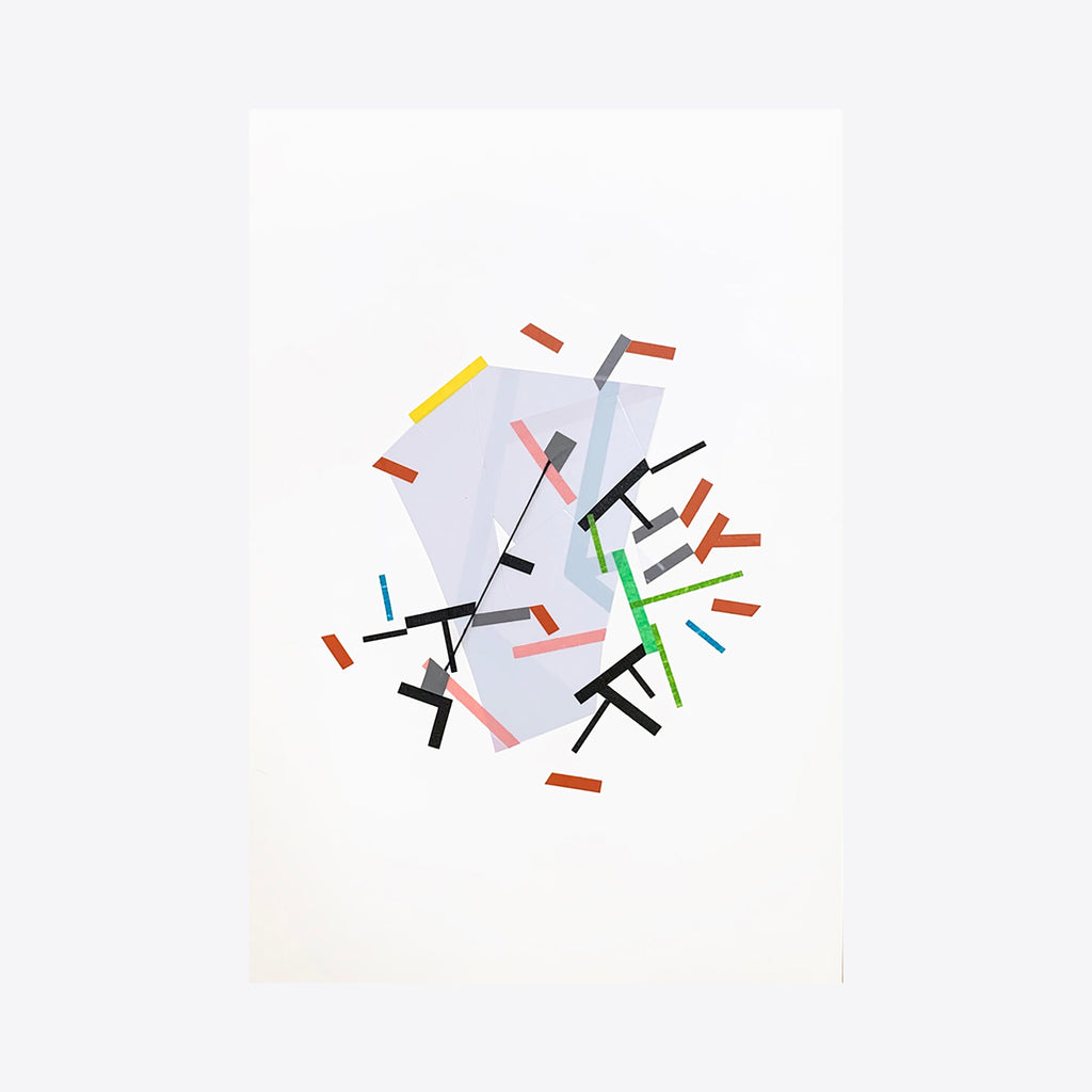 The artwork 'Eoolii-ggemn paths 14' by Philippe Halaburda features abstract geometric composition with scattered colorful tape strips in red, yellow, green, and black against a white background. Angular shapes and intersecting lines create dynamic movement across the paper surface, combining acrylic and tape techniques for a minimalist yet energetic design. By Philippe Halaburda.