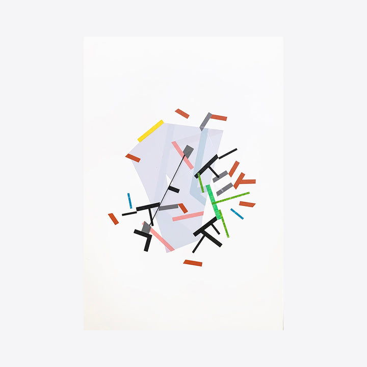 The artwork 'Eoolii-ggemn paths 14' by Philippe Halaburda features abstract geometric composition with scattered colorful tape strips in red, yellow, green, and black against a white background. Angular shapes and intersecting lines create dynamic movement across the paper surface, combining acrylic and tape techniques for a minimalist yet energetic design. By Philippe Halaburda.
