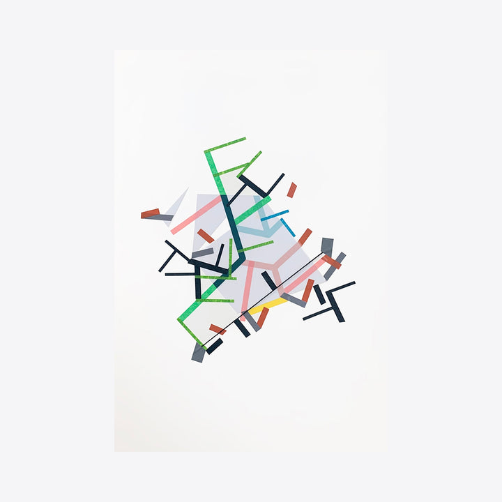 The artwork 'Eoolii-ggemn paths 1' by Philippe Halaburda features an abstract geometric composition of intersecting lines and shapes in green, navy blue, coral, and gray on white paper. The dynamic arrangement creates a sense of movement through angular tape elements and acrylic strokes, forming a modernist pathway design. By Philippe Halaburda.