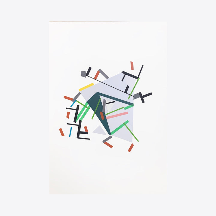 The artwork 'Eoolii-ggemn paths 2' by Philippe Halaburda features abstract geometric composition with intersecting lines and shapes in black, green, orange, and yellow tape against white paper. Angular forms create dynamic movement across the surface, with bold directional strokes arranged in a scattered yet balanced pattern.