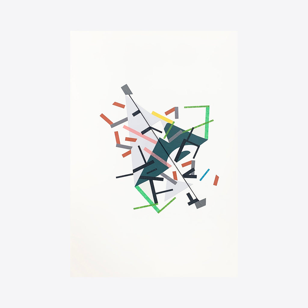 The artwork 'Eoolii-ggemn paths 3' by Philippe Halaburda features abstract geometric composition with intersecting angular lines and shapes in coral, green, grey, and black. Dynamic arrangement of tape strips creates a sense of movement and depth on white paper, executed in acrylic and tape medium by Philippe Halaburda.