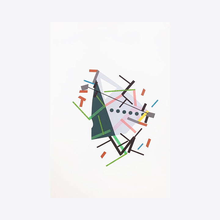 The artwork 'Eoolii-ggemn paths 5' by Philippe Halaburda features an abstract geometric composition with dynamic intersecting lines and shapes. A prominent dark green triangle anchors the piece, surrounded by scattered colorful elements in red, blue, and black, with a row of dots creating visual rhythm. Created with acrylic and tape on paper, the composition suggests movement and spatial depth.