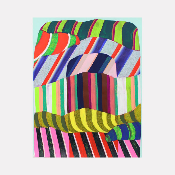The artwork 'Erratic' by Natalie Lanese features vibrant undulating stripes in bold geometric patterns. Dynamic waves of neon green, coral red, purple, and navy blue create a rhythmic composition. The abstract design showcases multiple curved bands with alternating color blocks, combining DayGlo brightness with muted tones on paper. Art by Natalie Lanese.