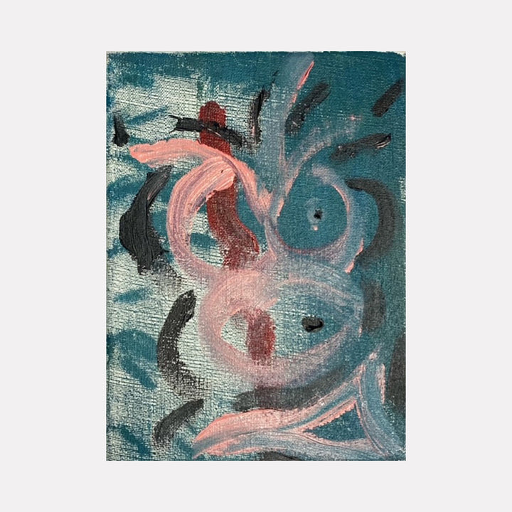 The artwork 'Face' by Dom Hiddo features abstract swirling brushstrokes in salmon pink against a deep teal background. The acrylic painting, sized 5x7 inches, displays fluid curved lines creating a dynamic composition with dark accents. The textured canvas shows energetic movement through expressive brushwork and contrasting colors.