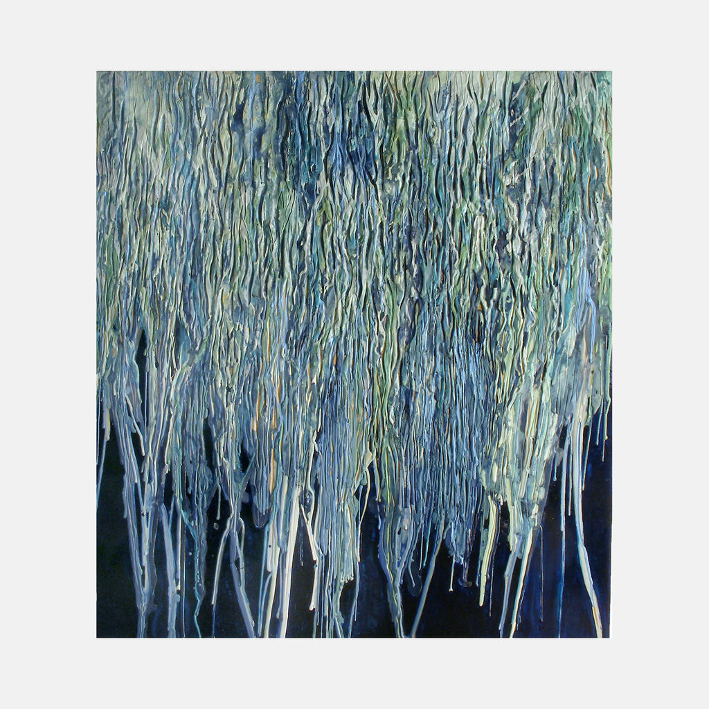 The artwork 'Fall' by Seren Morey features vertical cascading lines in ethereal blue and sage green tones, created with encaustic and urethane on panel. The dripping, textured strokes evoke falling rain or willow branches against a deep navy background, showcasing a mesmerizing interplay of cool colors and organic patterns.