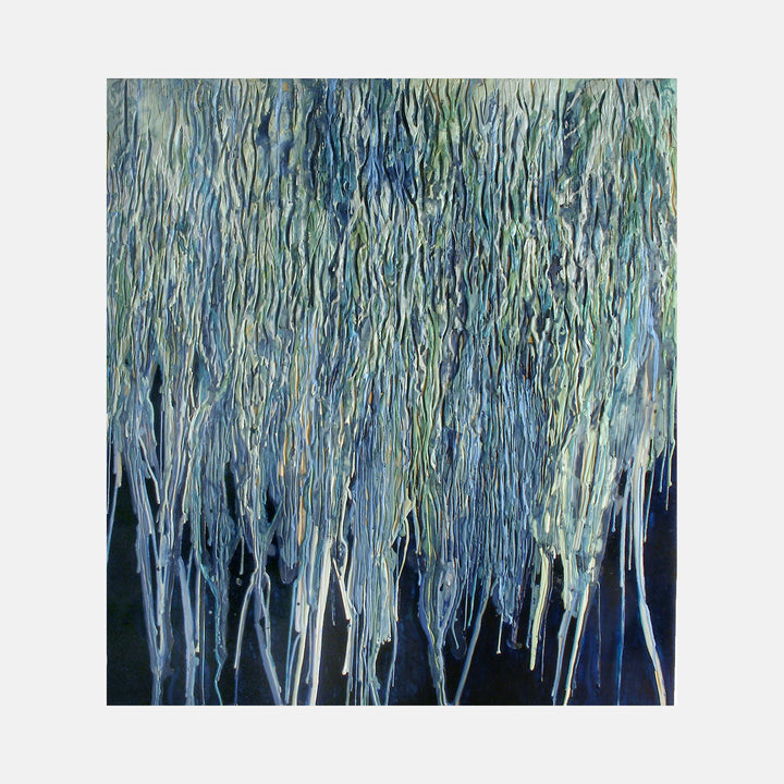 The artwork 'Fall' by Seren Morey features vertical cascading lines in ethereal blue and sage green tones, created with encaustic and urethane on panel. The dripping, textured strokes evoke falling rain or willow branches against a deep navy background, showcasing a mesmerizing interplay of cool colors and organic patterns.