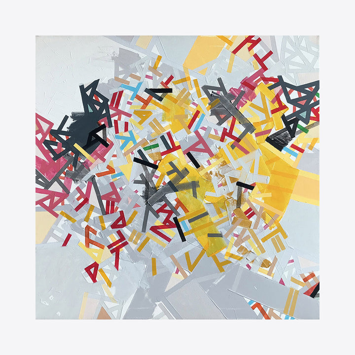The artwork 'Fathhonnii Us' by Philippe Halaburda features an abstract composition of geometric shapes and lines in red, yellow, black, and blue against a light gray background. Dynamic angular fragments scatter across the canvas in an explosive pattern, created with acrylic paint and tape technique, showcasing contemporary abstract expressionism.
