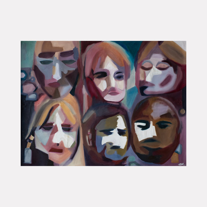 The artwork 'Fighting Blind' features an abstract composition of figures in muted tones of purple, teal, and peach. The oil painting portrays a collection of stylized faces with closed or downcast eyes, arranged in a grid-like pattern. The brushwork creates a modern, expressionist feel with bold shapes and dramatic shadows. By Chelsie Sunde.