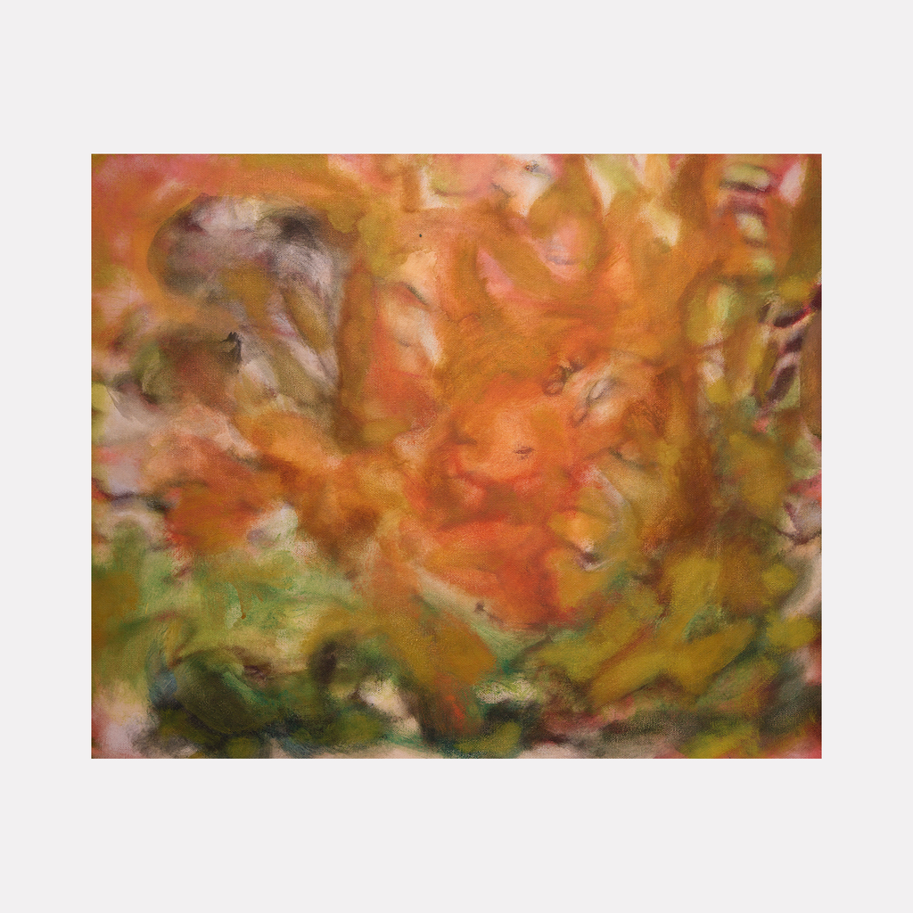 The artwork 'Flood (3)' by Diana Naccarato features abstract swirls of warm autumn colors, with vibrant orange and coral tones blending into earthy browns and moss greens. The acrylic painting creates a fluid, dreamlike effect on canvas, suggesting the dynamic movement of water or natural elements in motion. Framed piece measures 16x20 inches. By Diana Naccarato.