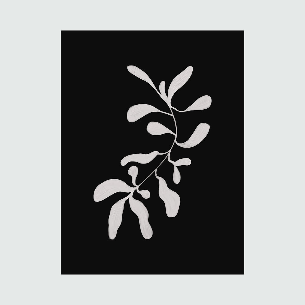 The artwork 'Floral Black And White' by Alina Glotova features a minimalist botanical illustration with graceful white leaf shapes against a deep black background. The organic, flowing branch pattern showcases curved leaves in an elegant composition, creating a striking monochromatic contrast. 40x30 inches print artwork.