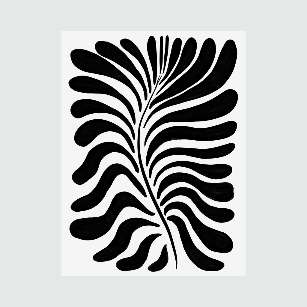 The artwork 'Flores Graphics' by Alina Glotova features a bold black and white botanical design with curved abstract fronds arranged in a dynamic fan pattern. The minimalist print showcases flowing organic lines creating a symmetrical leaf-like form against a stark white background. 40x30 inches unframed print by Alina Glotova.