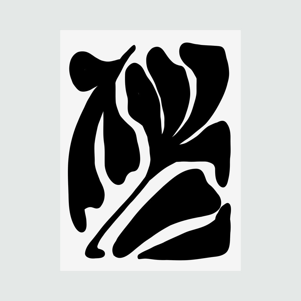 The artwork 'Flores Graphics Various' by Alina Glotova features a bold black and white abstract composition with organic flowing shapes. The minimalist design showcases curved lines and negative space, creating a dynamic botanical-inspired pattern. Unframed print measuring 40x30 inches.
