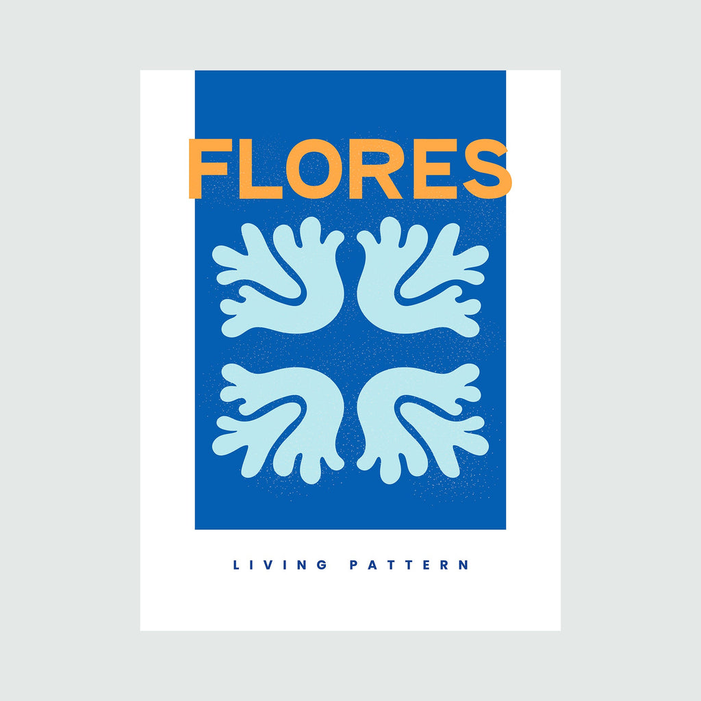 The artwork 'Flores Poster' by Alina Glotova features a minimalist design with four symmetrical light blue organic shapes arranged in a cross pattern against a deep cobalt blue background. The shapes resemble abstract leaves or dove wings, creating a harmonious living pattern with the title FLORES in bold orange text above - artwork by Alina Glotova