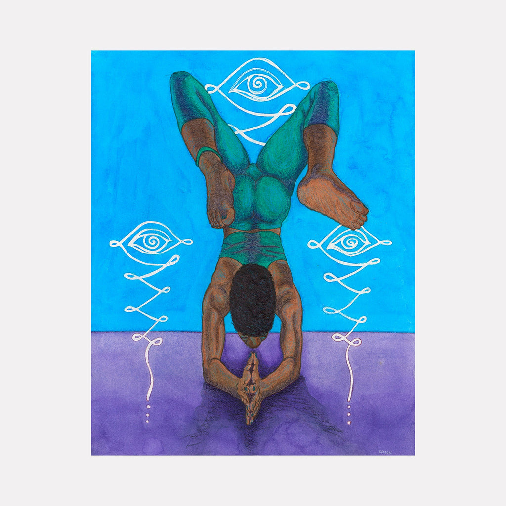 The artwork 'Forearm Stand Pincha Mayurasana' by Damon Powell features a watercolor illustration depicting a figure performing an inverted yoga pose against a vibrant two-toned background of bright turquoise blue and lavender. Decorative white eye symbols adorn the sides of the composition. The figure wears teal-colored attire while executing the advanced forearm balance posture.