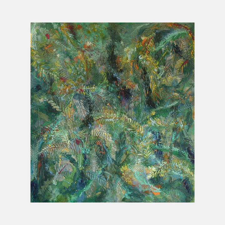 The artwork 'Fossil Forest' by Seren Morey features a lush, textural composition of layered encaustic painting depicting intertwining fern-like patterns in vibrant emerald greens and golden accents. The organic, swirling forms create a dense, primordial forest atmosphere with delicate botanical details emerging through multiple translucent layers and rich textures. By Seren Morey.