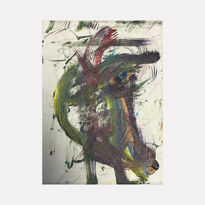 The artwork 'Free Pigeon' by Dom Hiddo features dynamic brushstrokes in deep greens, burgundy, and yellow forming an abstract bird in motion. Bold, expressive acrylic strokes create a sense of movement against a light background, with gestural marks suggesting wings and feathers in a contemporary expressionist style. 5x7 inches acrylic painting by Dom Hiddo.