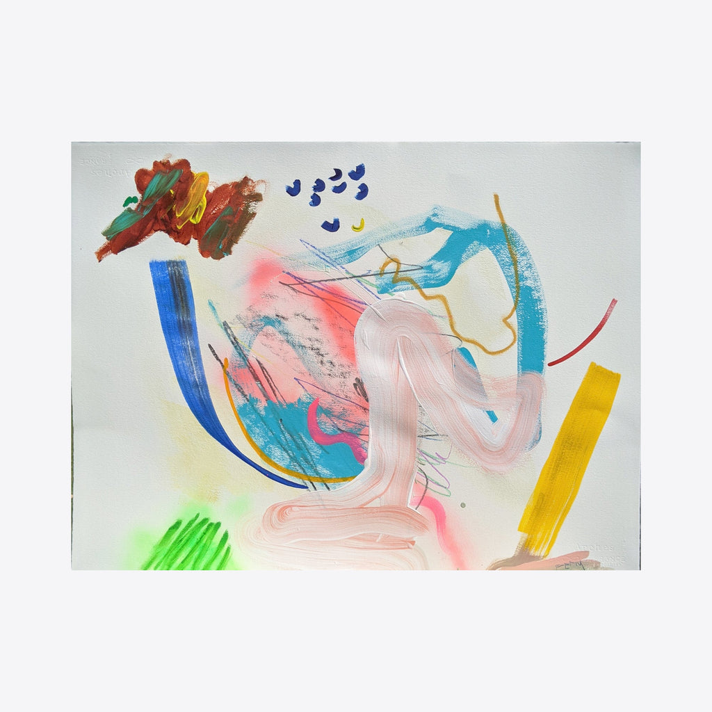 The artwork 'Fresh Cut' by Joseph Conrad Ferm features vibrant abstract expressionist strokes in watercolor and mixed media. Dynamic curves in soft pink and turquoise blue sweep across white paper, accented by bold yellow and blue bands. Organic shapes in green, red, and brown create a playful composition with small scattered dots in navy blue at the top.