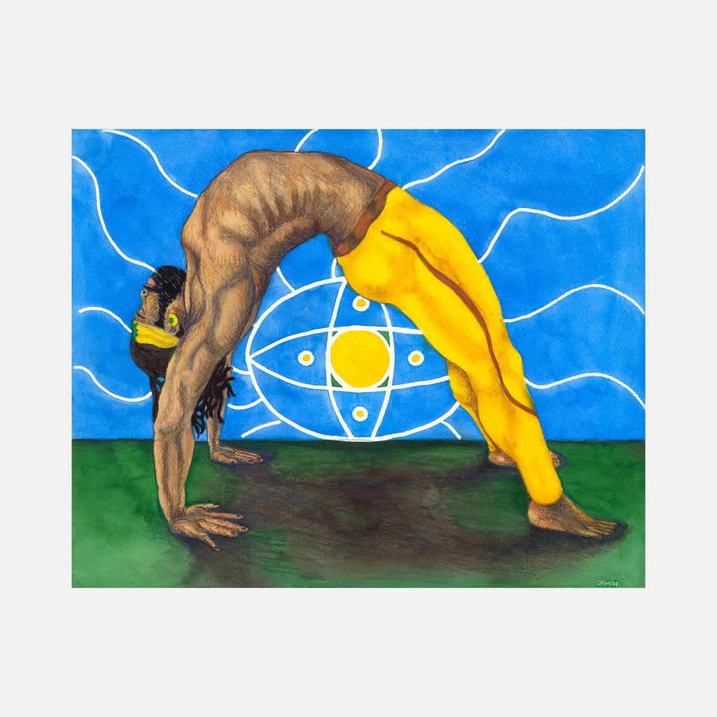 The artwork 'Full Wheel Chakrasana' by Damon Powell depicts a yoga pose against a vibrant blue sky with flowing white lines. A figure performs a backbend on green ground, wearing yellow pants. A symbolic sun wheel design radiates in white against the blue background, creating a spiritual ambiance. Watercolor painting, 16x20 inches.