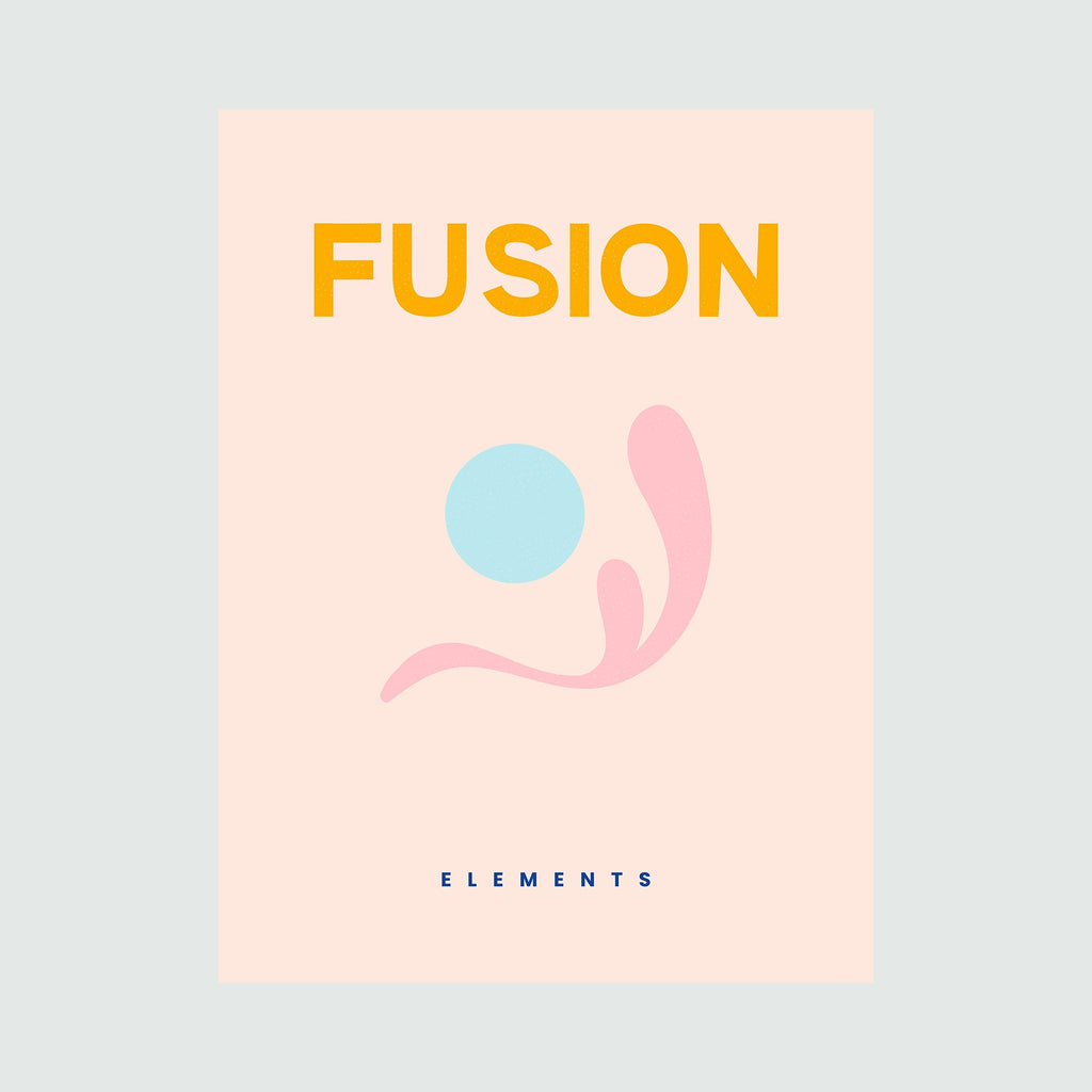 The artwork 'Fusion Poster' by Alina Glotova features a minimalist design on a soft peach background. A bold orange typography displays 'FUSION' at the top, while abstract elements below include a light blue circle and flowing pink curves, suggesting movement and harmony. The word 'ELEMENTS' appears in blue at the bottom, creating a balanced 30x40 inch print composition.