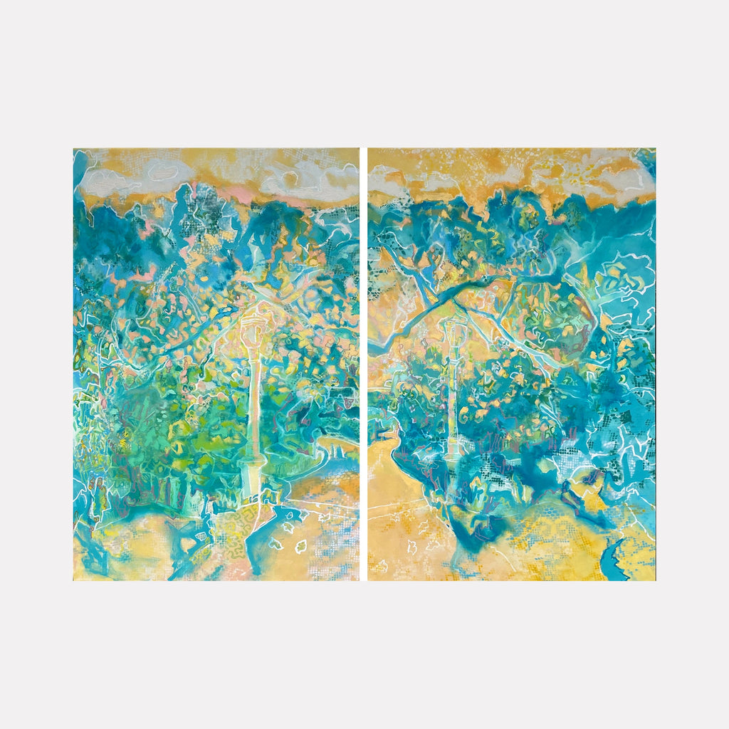 The artwork 'Garden Path (Diptych)' by Rebecca Darlington features a vibrant abstract landscape split into two panels, showcasing swirling patterns in turquoise, teal, and golden yellow. The mixed media piece combines spray paint and oil techniques to create ethereal, flowing textures reminiscent of aerial garden views and winding pathways through nature.