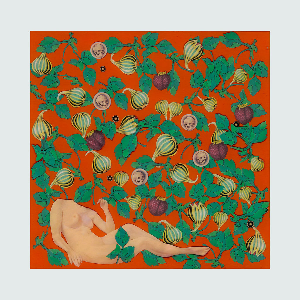 The artwork 'Garden' by Chelsea Amato features a whimsical mixed media collage against a vibrant orange background. Delicate green vines and leaves intertwine with pale yellow figs and purple fruits, creating a lush botanical pattern. A reclining figure rests beneath the abundant foliage, surrounded by intricate botanical elements in a 30x30 inch composition.
