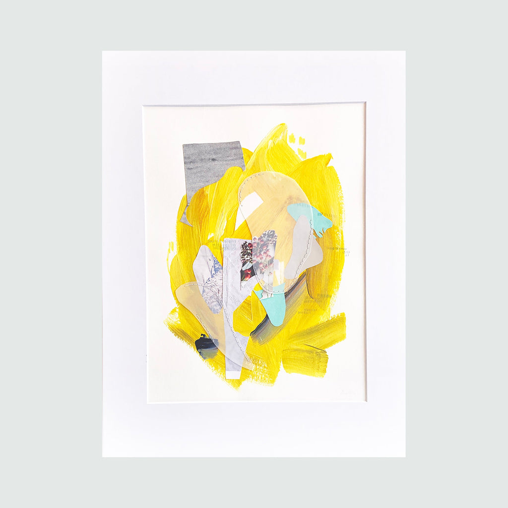 The artwork 'Gathering' by Linden Eller features a vibrant collage composition combining bright yellow brushstrokes with delicate paper elements in soft blues and grays. Hand-sewn details create textural depth while abstract geometric shapes emerge from layers of acrylic paint and paper fragments, suggesting organic movement and dynamic spatial relationships.