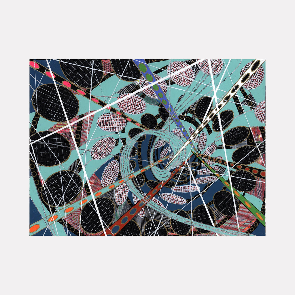 The artwork 'Gathering Storm' by Amy Cheng features an abstract composition of intersecting geometric patterns and dynamic lines. Turquoise and black dominate the background, while white diagonal lines create movement across the surface. Pink crosshatched textures and bold blue circular forms add depth, all executed in gouache and oil marker on paper.