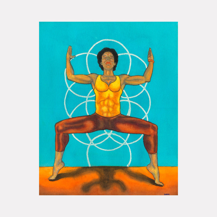 The artwork 'Goddess Utkata Konasana' by Damon Powell features a figure in a deep goddess squat pose against a vibrant turquoise background. The figure wears a golden yellow top and brown pants, performing the yoga posture with raised arms. A white geometric mandala pattern forms concentric circles behind the figure, creating a spiritual atmosphere. Watercolor on paper, 20x16 inches.