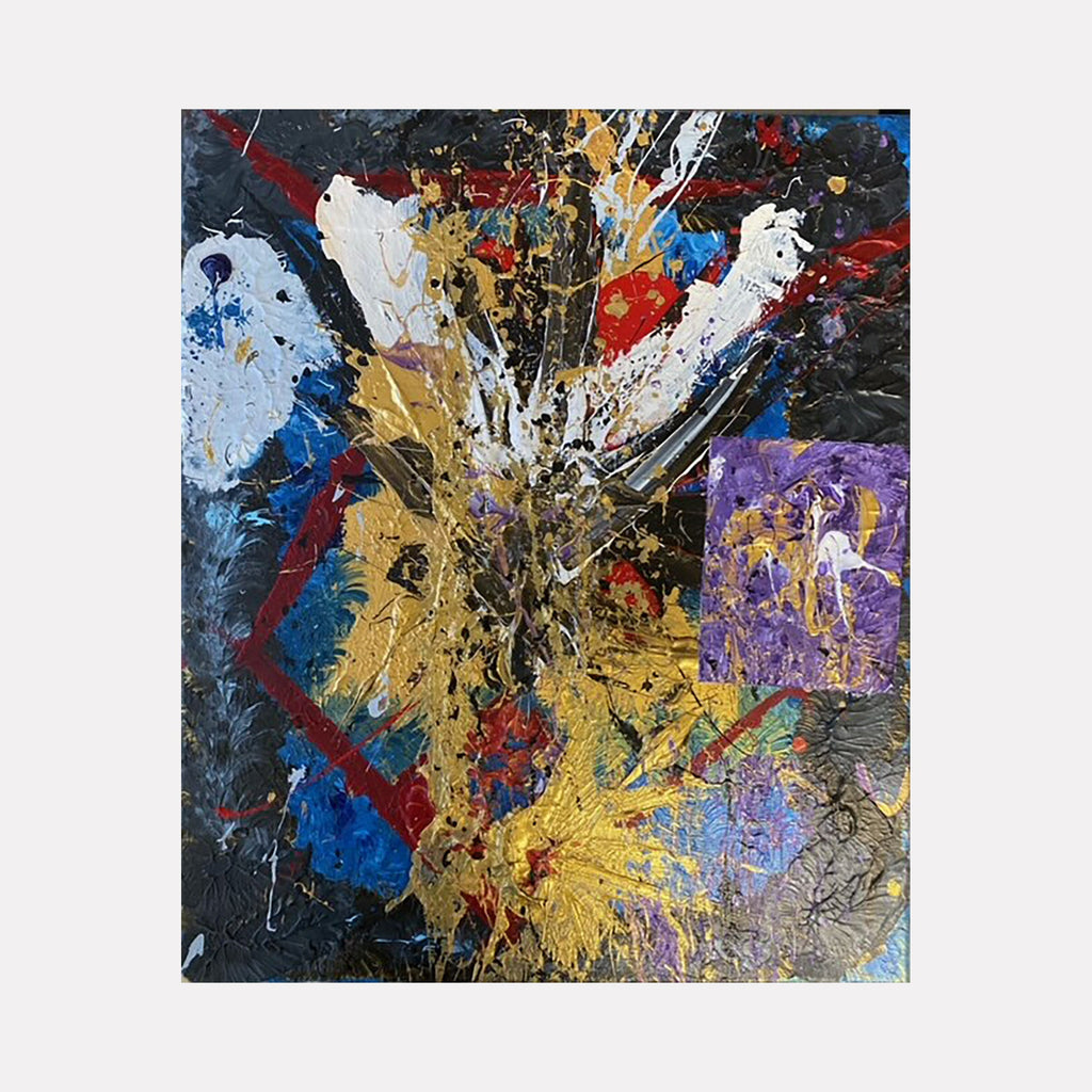 The artwork 'Golden Bunny' by Dom Hiddo features an explosive abstract composition with vibrant splashes of gold, blue, red, and purple against a dark background. Dynamic brushstrokes and paint splatters create a sense of movement, with textured layers of acrylic and oil paint interweaving in an energetic, expressionist style. The 20x24 inch canvas showcases spontaneous paint application and dramatic color contrasts.