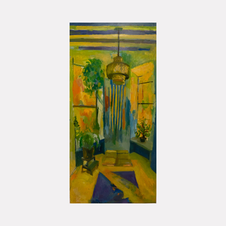 The artwork 'Golden Dawn' by Darren Singer depicts a vibrant interior scene with a hanging ornate pendant lamp, casting warm light through a hallway. Rich yellow and green tones dominate the composition, complemented by deep blue accents. Lush indoor plants frame the space, while vertical brushstrokes create dynamic movement. Oil on birch wood, 48x24 inches.