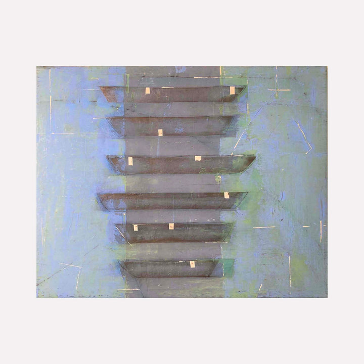 The artwork 'Gondolas' by Shira Toren features a vertical arrangement of stylized boat shapes in muted gray tones against a dreamy blue-green background. The abstract composition shows eight overlapping gondola forms creating a rhythmic pattern, complemented by small beige accents. The piece demonstrates a minimalist approach with textural brushwork and ethereal atmosphere.