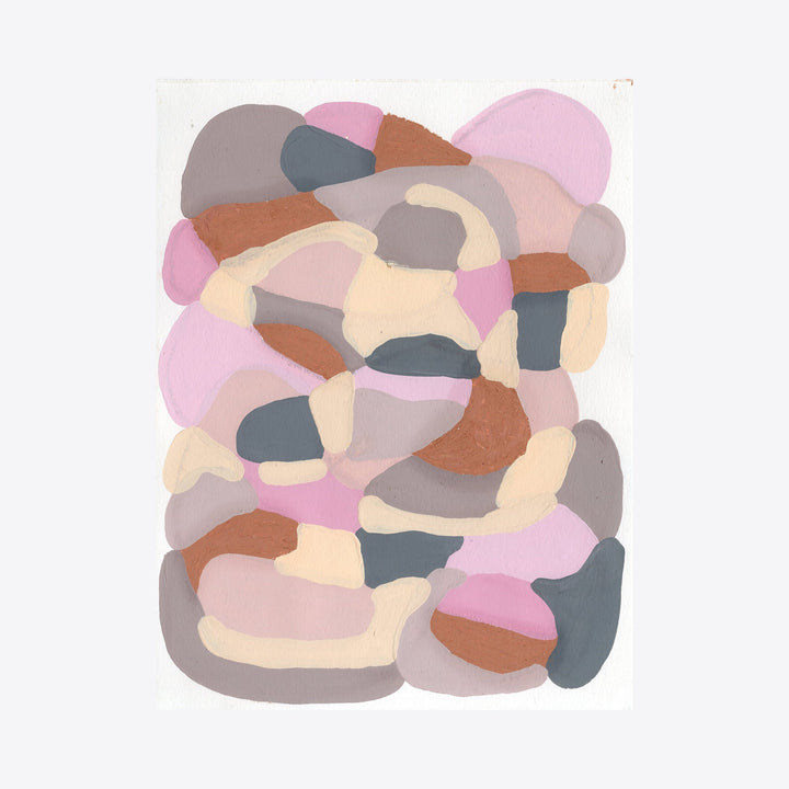 The artwork 'Grey Brown and Pink on White' by Alicia Little features an abstract composition of organic, overlapping shapes in soft pink, warm brown, and muted grey tones. The gouache painting creates a harmonious arrangement of curved forms against a white background, showcasing a gentle flow of pastel and earthy colors in a modern minimalist style. By Alicia Little.