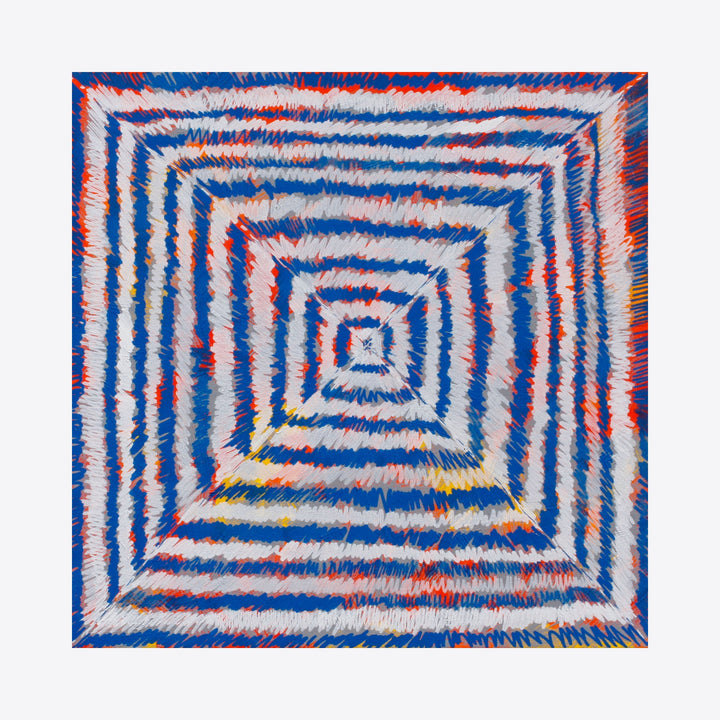 The artwork 'Grey Painting' by Aaron Hillebrand features a hypnotic square spiral pattern with alternating bands of blue, white, and coral red strokes. The textured acrylic brushwork creates a dynamic optical illusion, radiating from a central point outward in concentric squares. Small yellow accents add subtle contrast to the 20x20 inch canvas composition.
