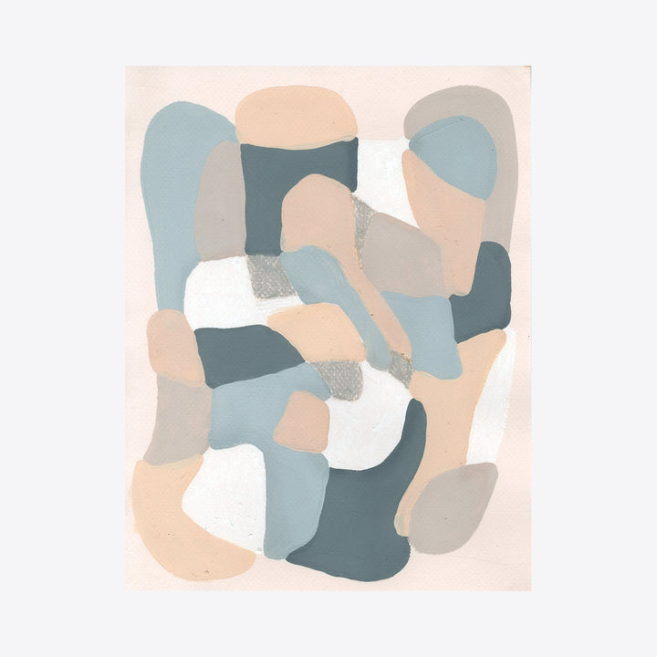 The artwork 'Grey and Peach on Dawn' by Alicia Little features organic, flowing shapes in muted tones of slate grey, powder blue, and soft peach against a pale dawn-colored background. The abstract composition combines oil pastel and gouache techniques, creating a harmonious interplay of curved forms with subtle textural elements arranged in a balanced, contemporary design.