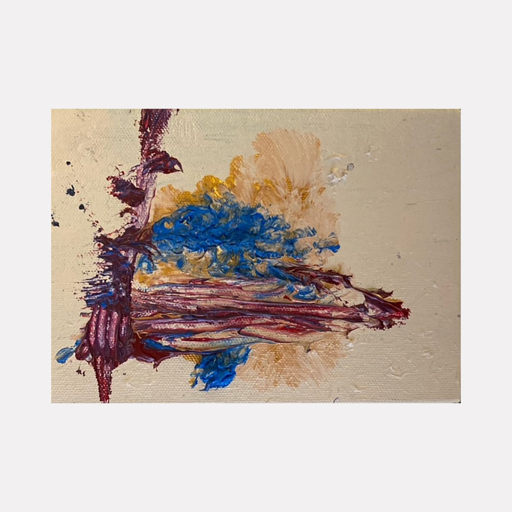 The artwork 'Gun' by Dom Hiddo features dynamic splashes of vibrant blue and deep purple pigments colliding with warm peach tones on a neutral canvas. The abstract composition showcases expressive brush strokes and paint splatters in acrylic and oil, creating a dramatic horizontal movement across the 7x5 inch surface.