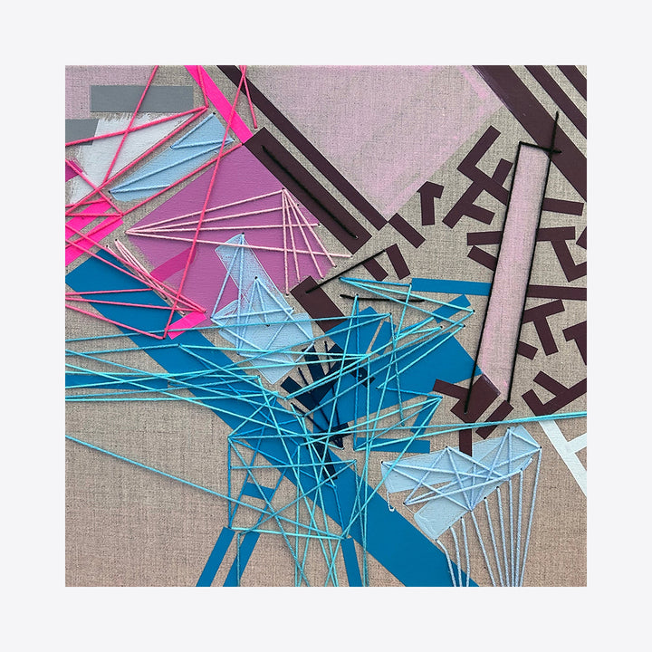The artwork 'Guriinderr' by Philippe Halaburda features an abstract geometric composition with intersecting yarn lines creating dynamic tension across the canvas. Vibrant pink and blue elements contrast against a neutral gray background, with bold angular shapes and textile textures combining urban and organic aesthetics. The mixed media piece incorporates acrylic, tape, and yarn on canvas - by Philippe Halaburda.