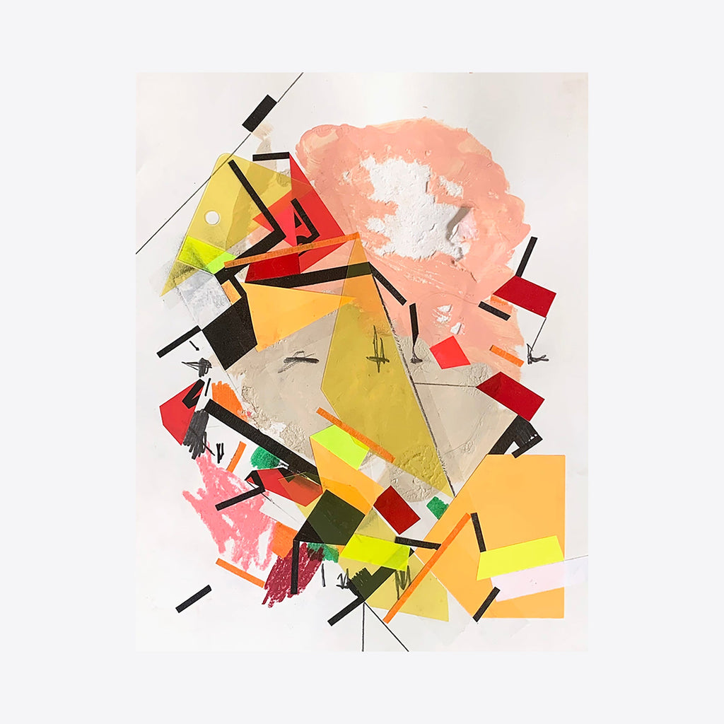 The artwork 'Guyiirass Riii' by Philippe Halaburda features dynamic geometric shapes in vibrant yellow, coral pink, and red hues arranged in an abstract composition. Black linear elements intersect with angular forms, creating a sense of movement. The mixed media piece combines acrylic paint and tape on paper, showcasing a contemporary abstract expressionist style by Philippe Halaburda.