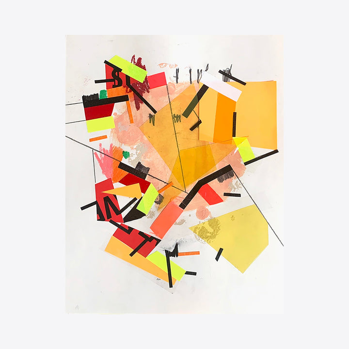 The artwork 'Guyiirass Ssa' by Philippe Halaburda features dynamic geometric shapes in vibrant yellow, orange, red, and black. Abstract angular forms intersect with bold linear elements, creating a dynamic composition on white paper. The mixed media piece combines acrylic paint and tape, showcasing sharp contrasts and energetic movement throughout the 11x8.5 inch surface.