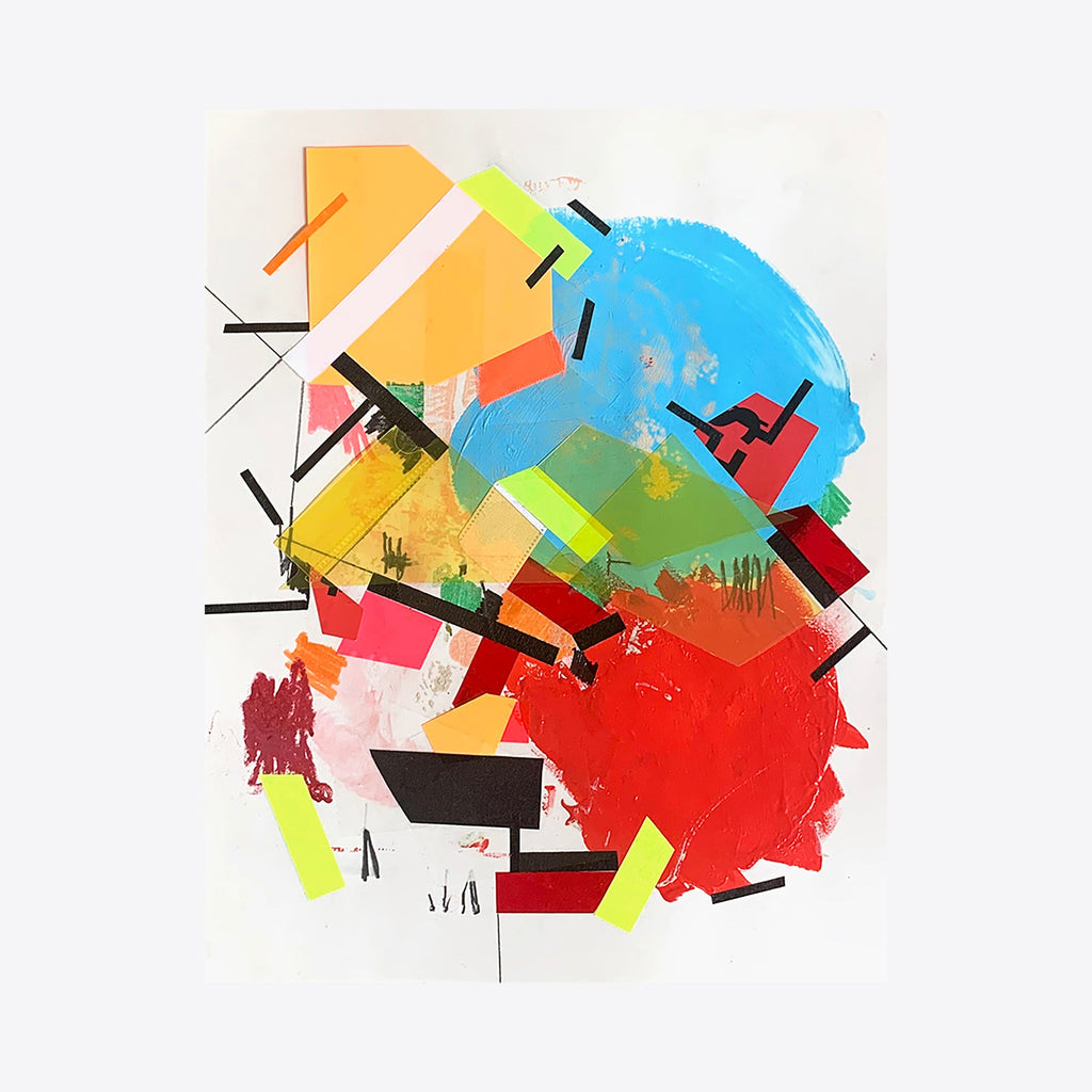 The artwork 'Guyiirass Yug' by Philippe Halaburda features a dynamic abstract composition with vibrant geometric shapes in orange, blue, red, and neon yellow. Black linear elements intersect the colorful forms, creating movement and depth. The acrylic and tape technique creates bold, textured areas against a white background. By Philippe Halaburda.