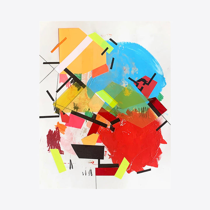 The artwork 'Guyiirass Yug' by Philippe Halaburda features a dynamic abstract composition with vibrant geometric shapes in orange, blue, red, and neon yellow. Black linear elements intersect the colorful forms, creating movement and depth. The acrylic and tape technique creates bold, textured areas against a white background. By Philippe Halaburda.